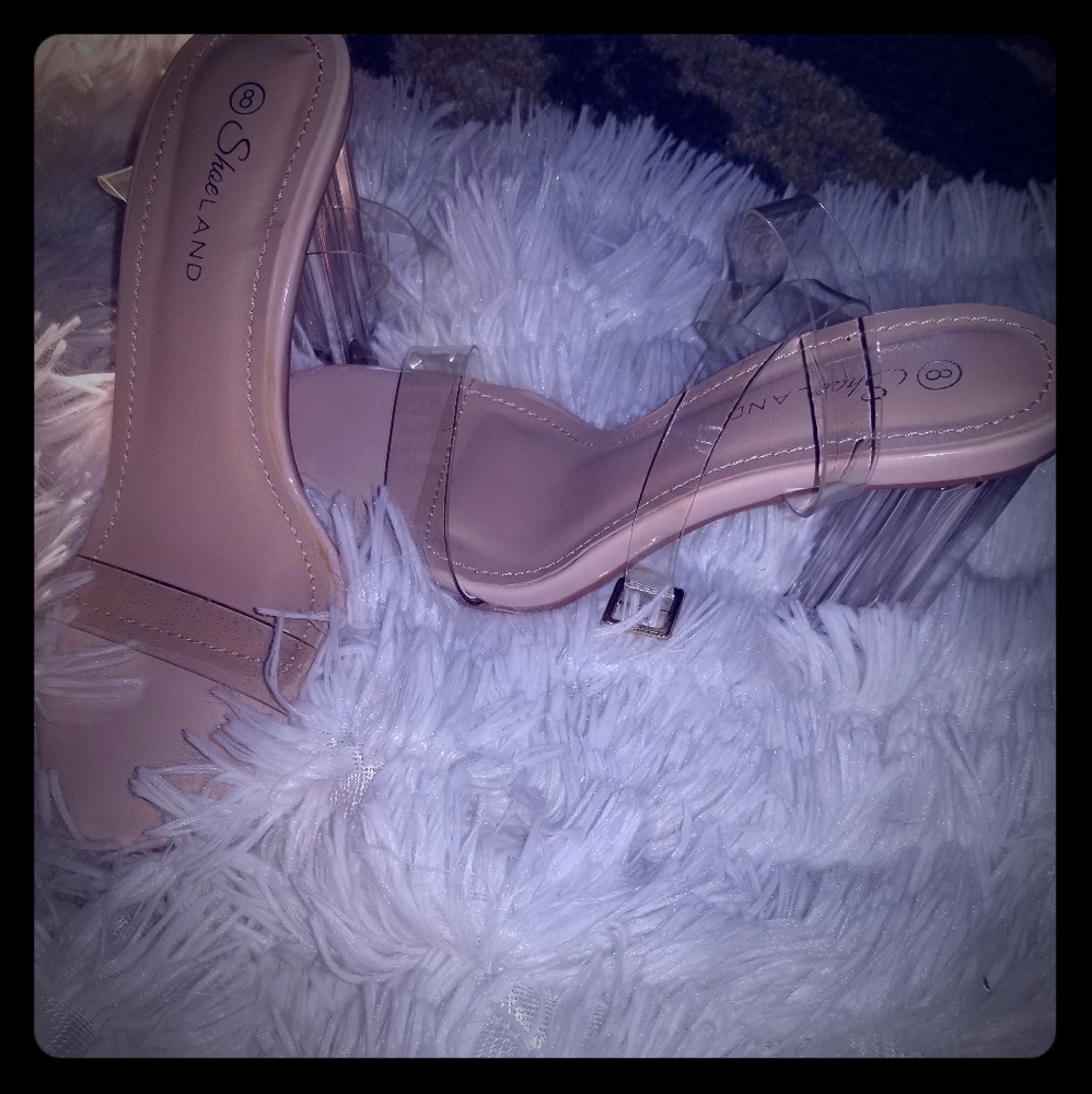 Clear block sandal heels.